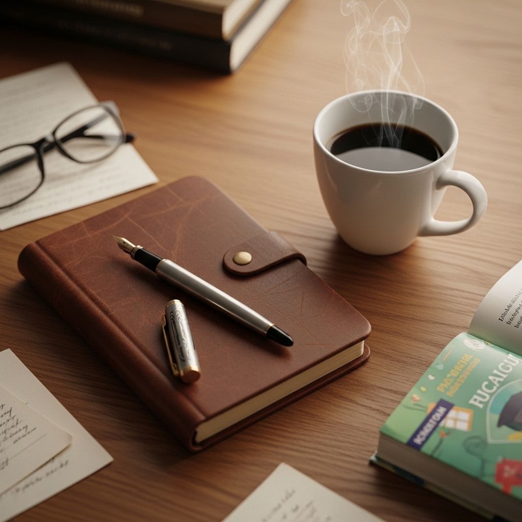 Kompozycja z notesem, piórem i kubkiem kawy na drewnianym biurku, symbolizująca proces pisania i dzielenia się wiedzą edukacyjną