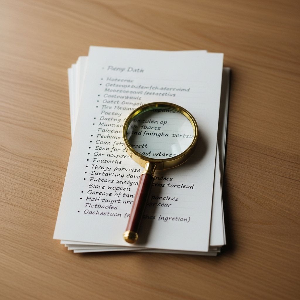 Minimalistyczny układ z notatkami i lupą na biurku, symbolizujący analizę i badanie informacji o składnikach